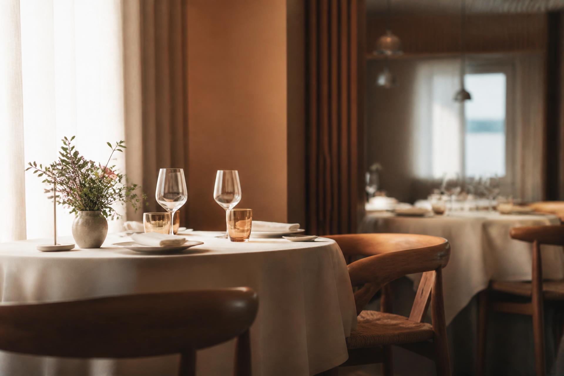 Elegancka sala restauracyjna w ciepłym, naturalnym świetle
