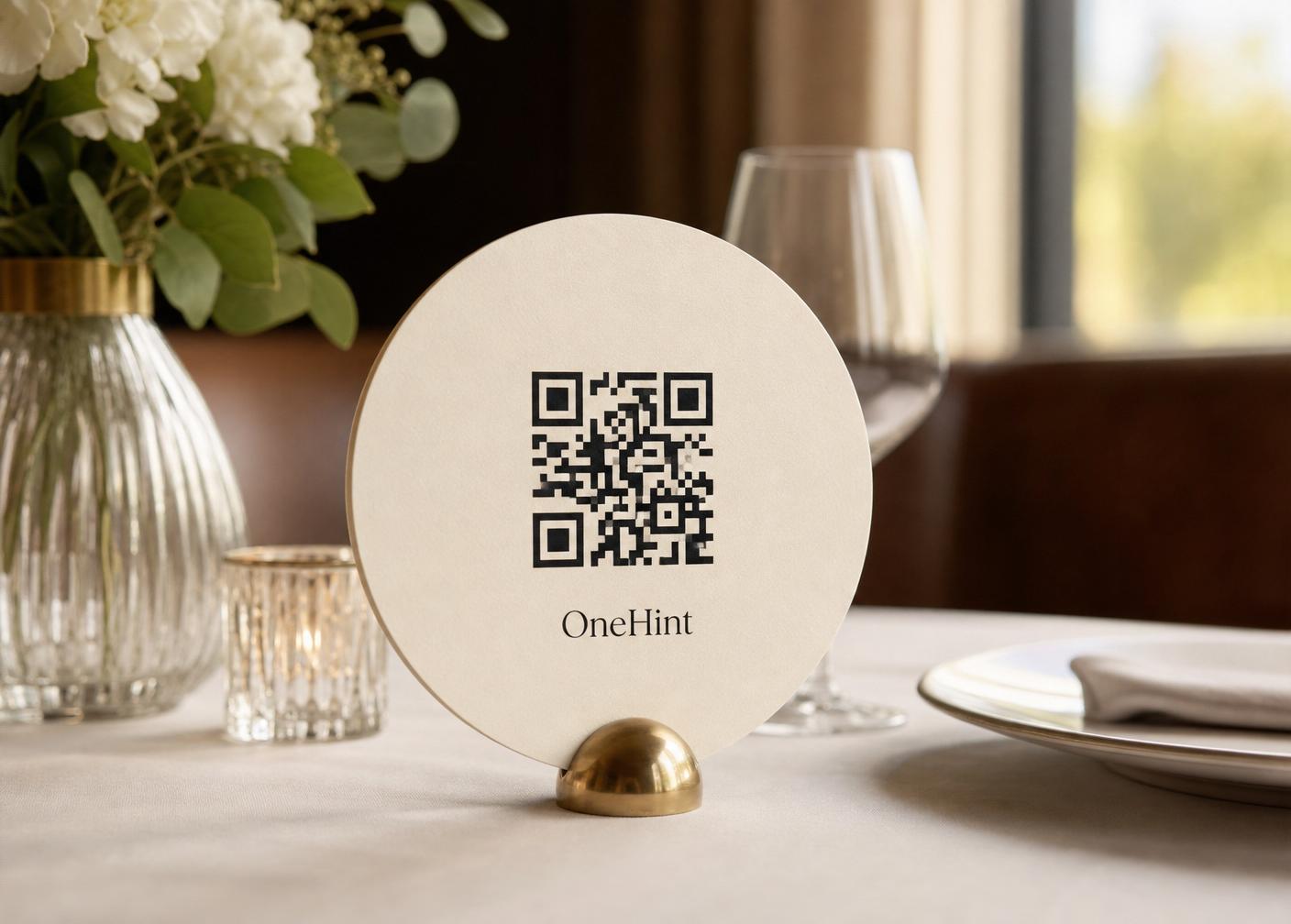 Okrągła karta QR OneHint na stoliku restauracyjnym